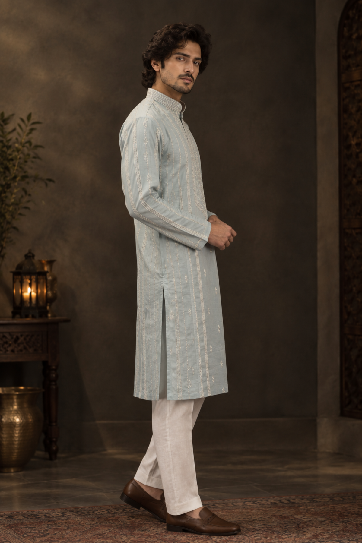 Ice Blue Embroidered Kurta Set With Ivory Trousers