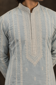 Ice Blue Embroidered Kurta Set With Ivory Trousers
