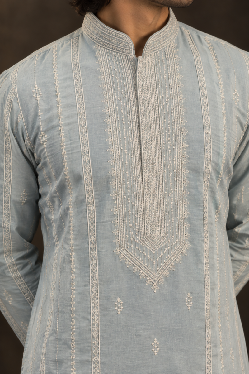 Ice Blue Embroidered Kurta Set With Ivory Trousers