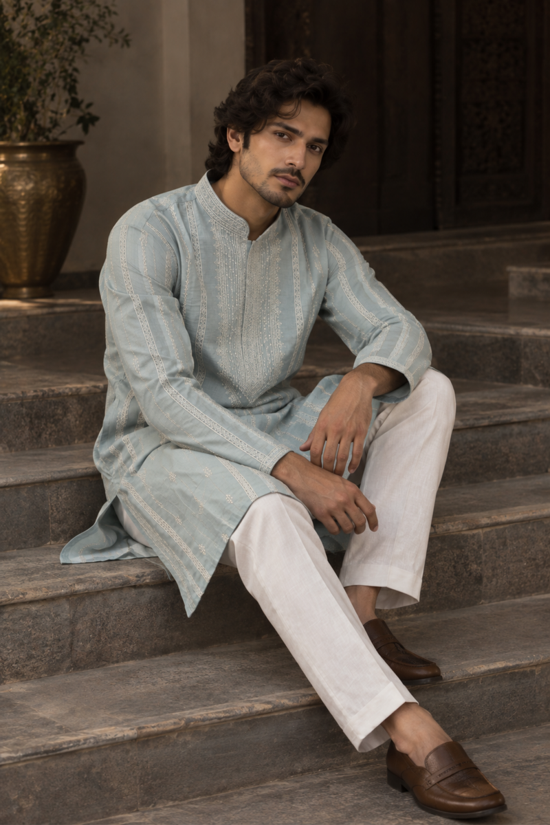 Ice Blue Embroidered Kurta Set With Ivory Trousers