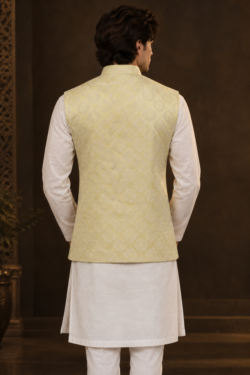 Ivory Textured Kurta Set With Embroidered Waistcoat
