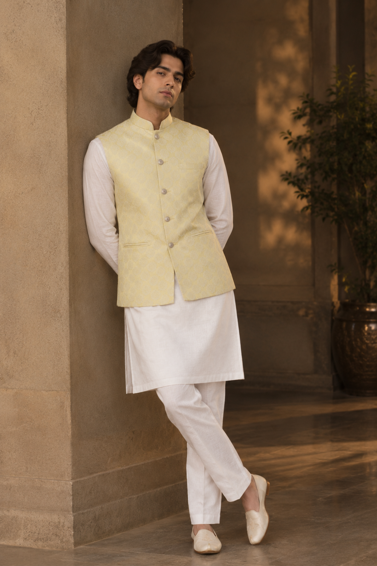 Ivory Textured Kurta Set With Embroidered Waistcoat