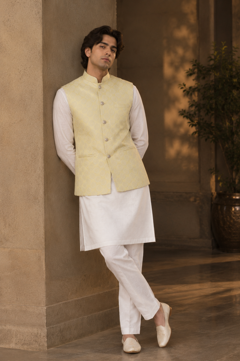 Ivory Textured Kurta Set With Embroidered Waistcoat
