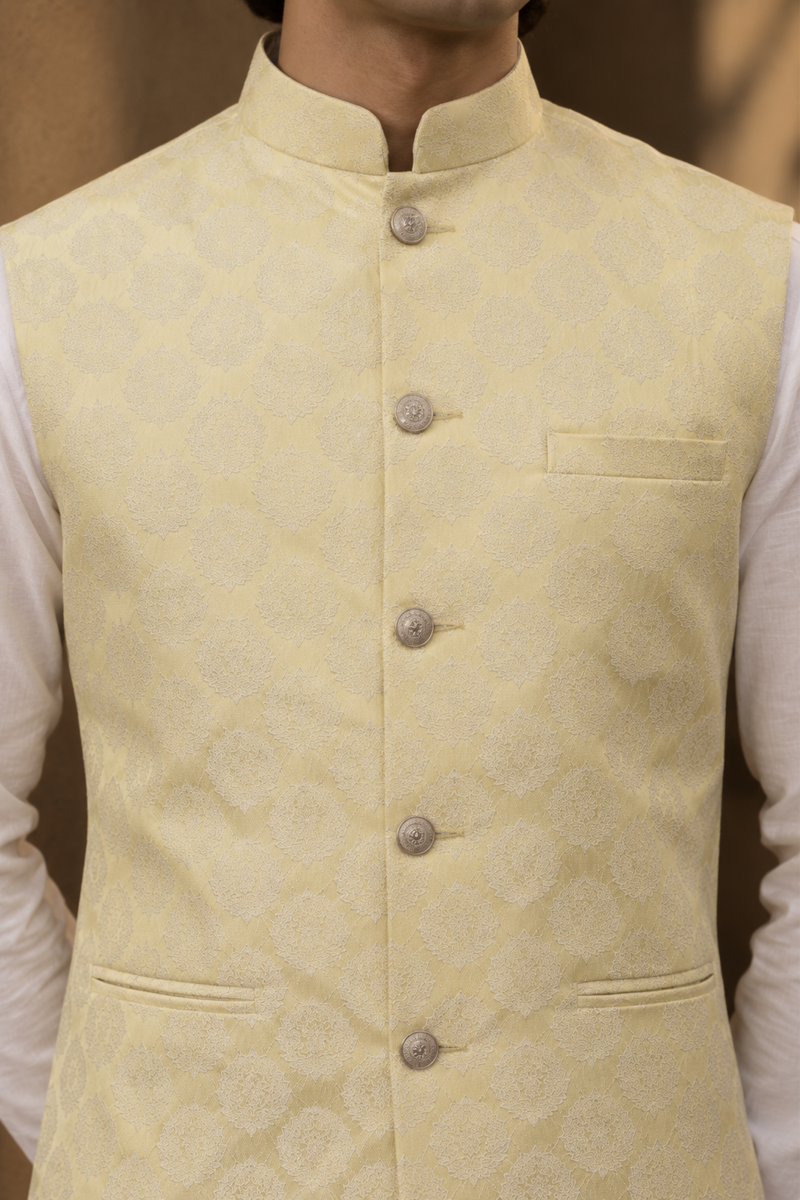 Ivory Textured Kurta Set With Embroidered Waistcoat