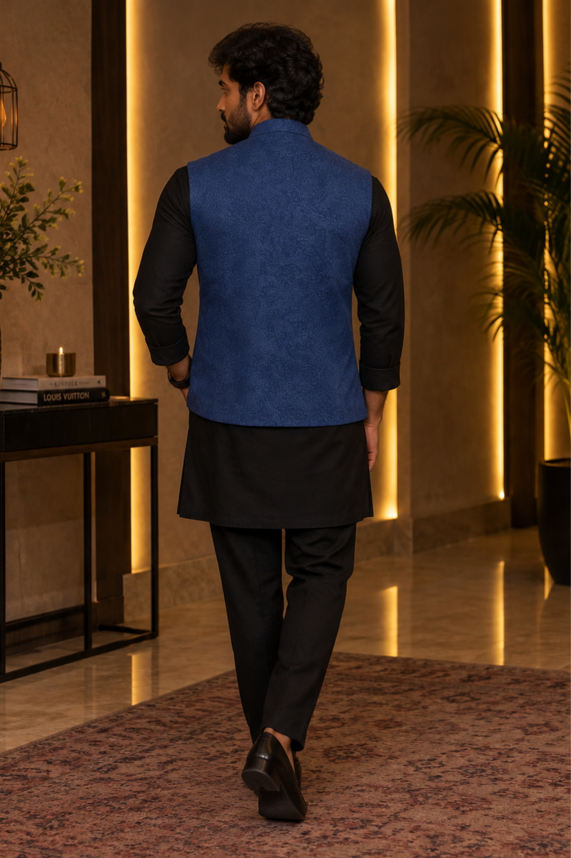 Midnight Blue Textured Nehru Jacket With Black Kurta Set