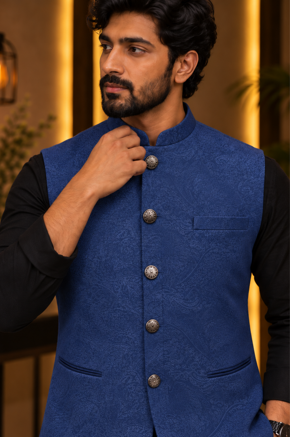 Midnight Blue Textured Nehru Jacket With Black Kurta Set