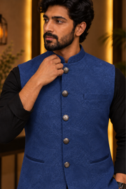Midnight Blue Textured Nehru Jacket With Black Kurta Set