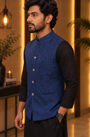 Midnight Blue Textured Nehru Jacket With Black Kurta Set