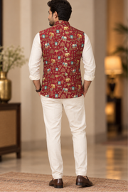 Maroon Printed Nehru Jacket With Ivory Kurta Set