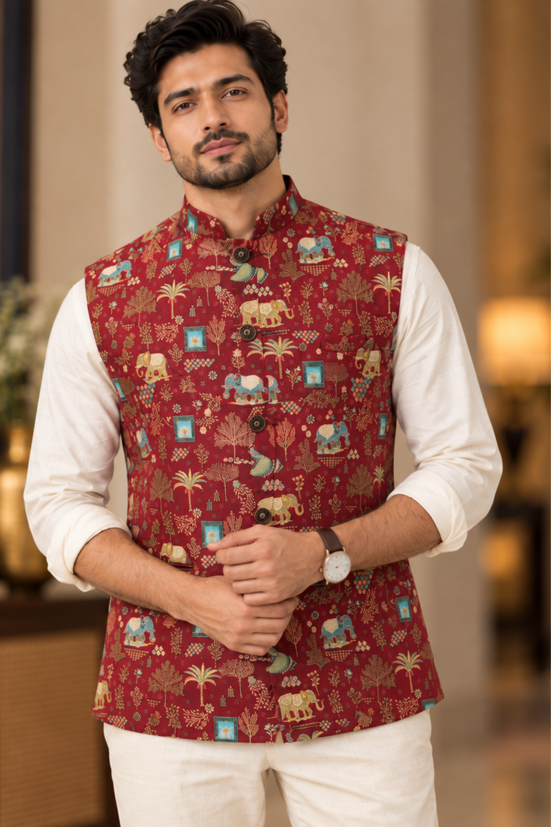 Maroon Printed Nehru Jacket With Ivory Kurta Set