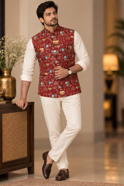 Maroon Printed Nehru Jacket With Ivory Kurta Set
