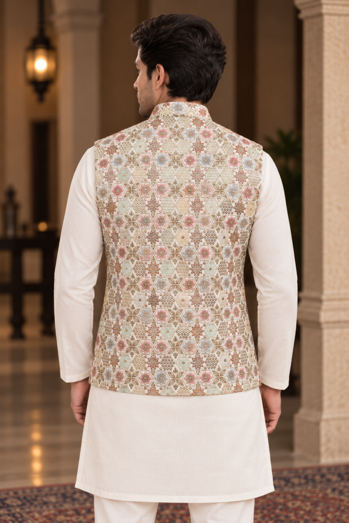 Ivory Floral Printed Nehru Jacket With Kurta Set