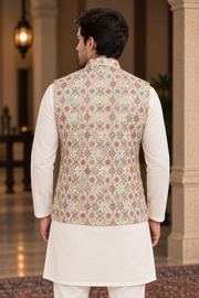 Ivory Floral Printed Nehru Jacket With Kurta Set