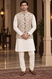 Ivory Floral Printed Nehru Jacket With Kurta Set