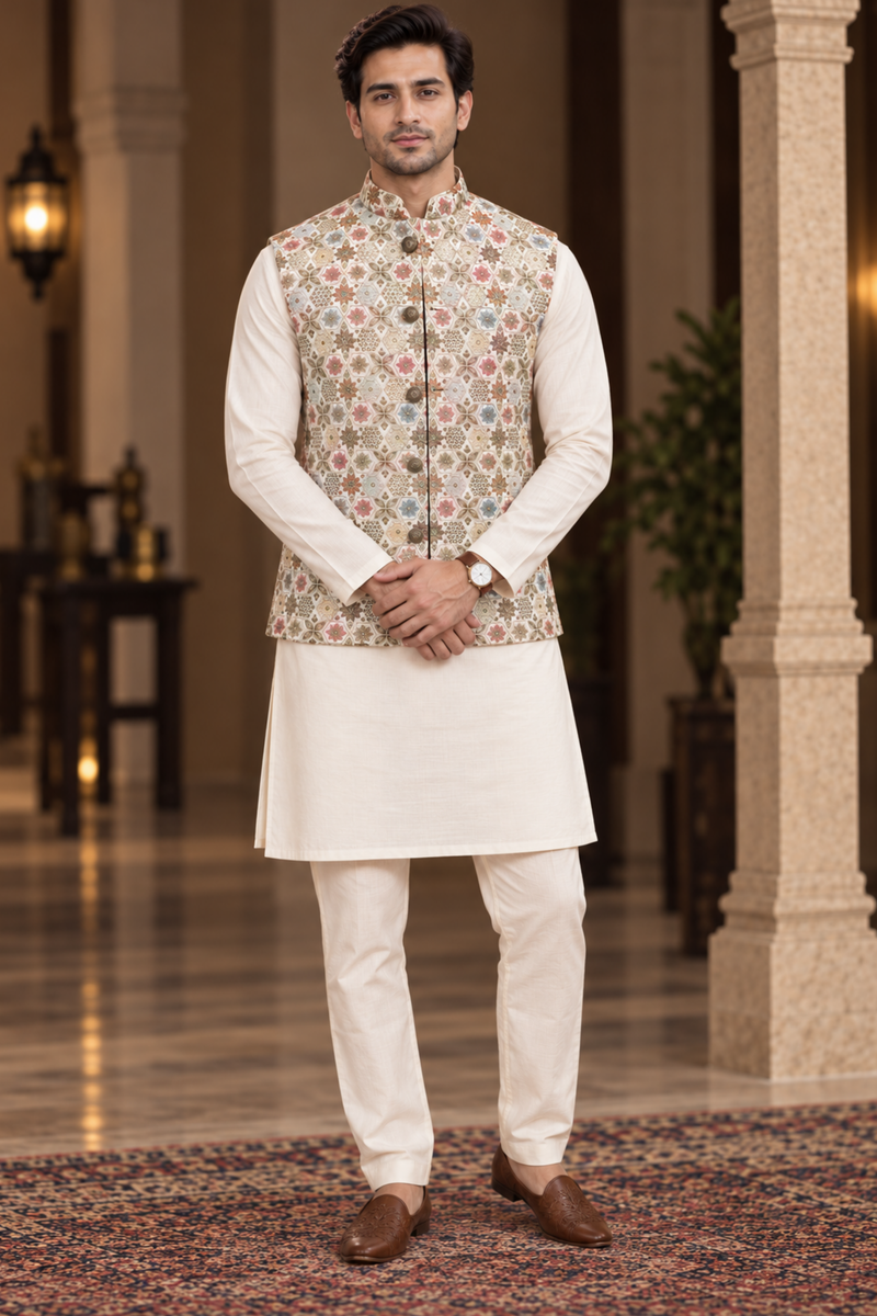 Ivory Floral Printed Nehru Jacket With Kurta Set