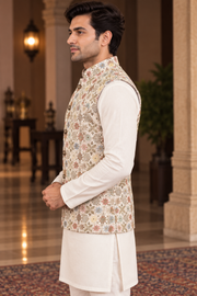 Ivory Floral Printed Nehru Jacket With Kurta Set