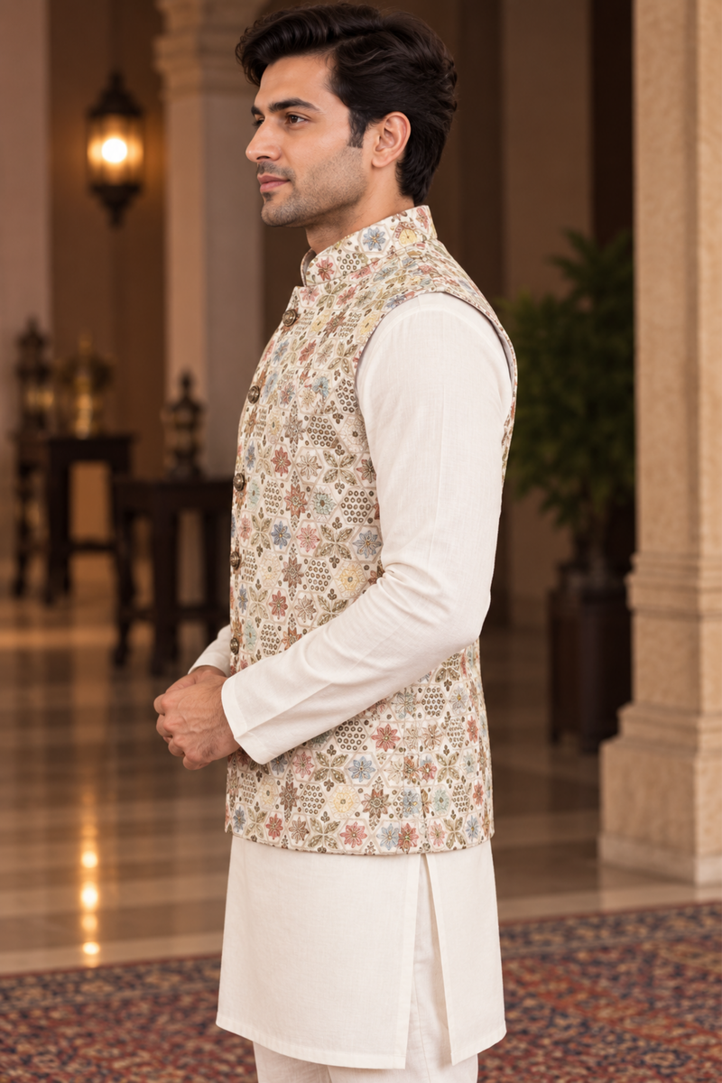 Ivory Floral Printed Nehru Jacket With Kurta Set