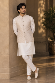 Pearl White Textured Nehru Jacket With Kurta Set