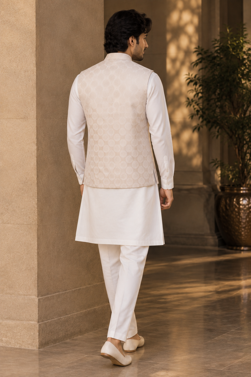 Pearl White Textured Nehru Jacket With Kurta Set