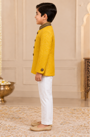 Mustard Yellow Textured Bandhgala Jacket With Ivory Trousers