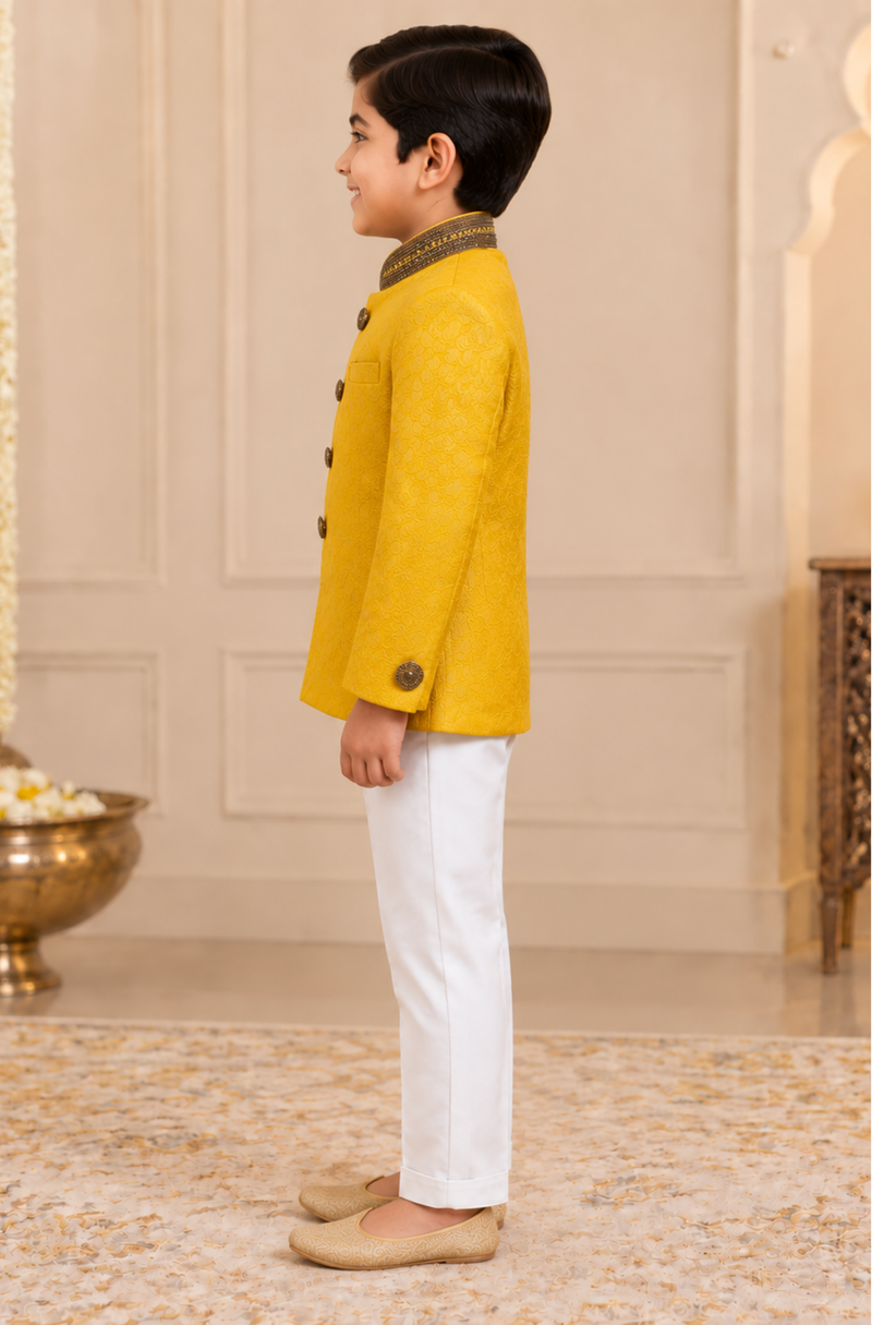 Mustard Yellow Textured Bandhgala Jacket With Ivory Trousers