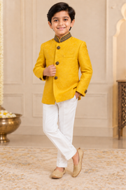 Mustard Yellow Textured Bandhgala Jacket With Ivory Trousers