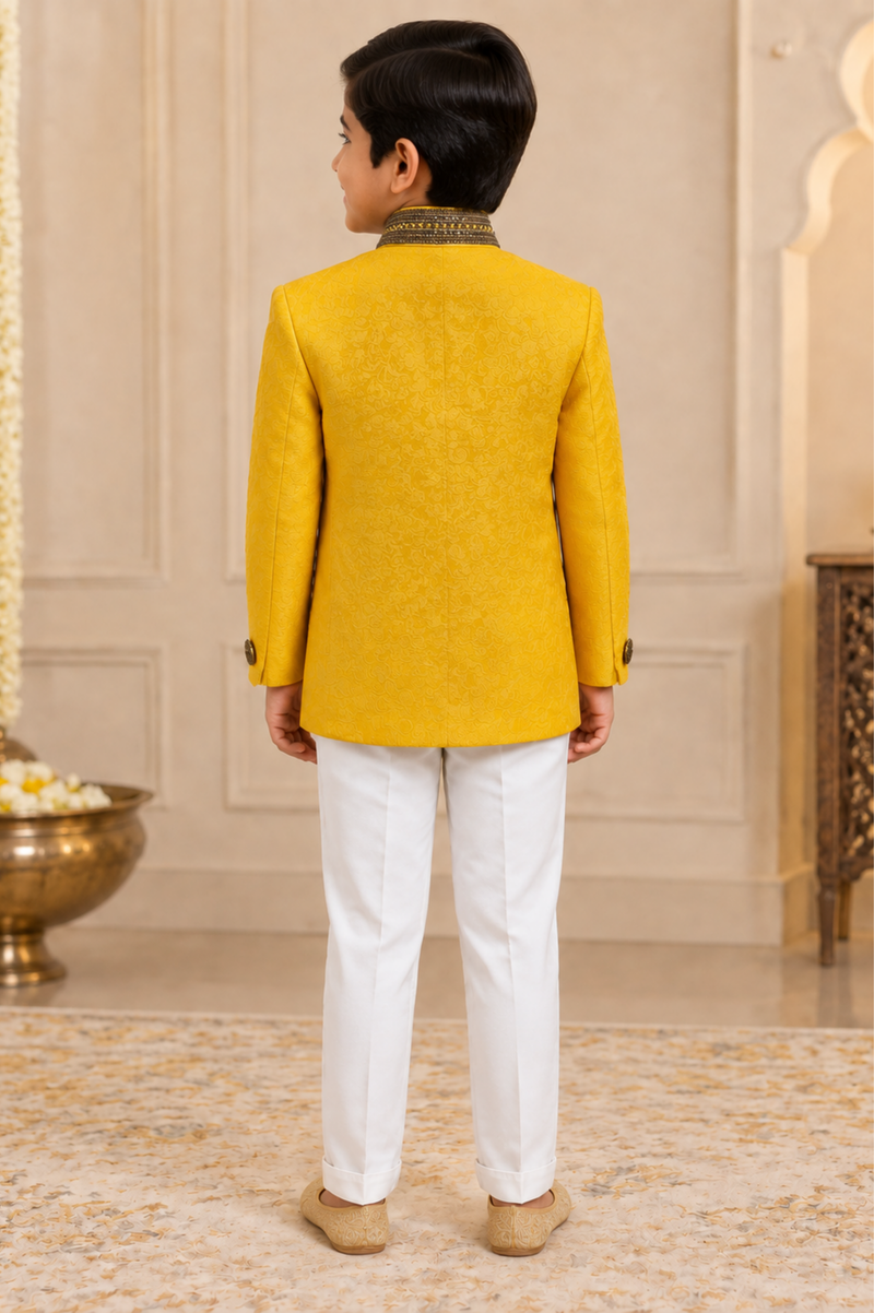 Mustard Yellow Textured Bandhgala Jacket With Ivory Trousers
