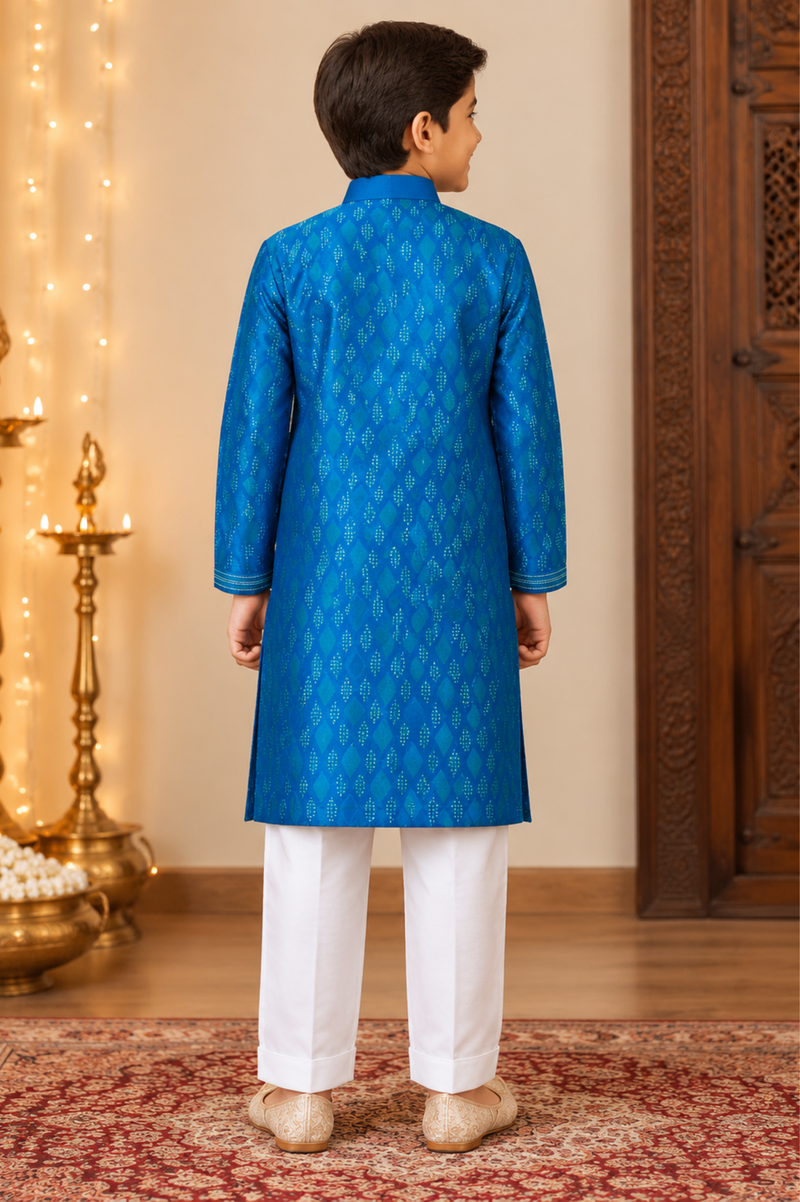 Royal Blue Jacquard Kurta Set With Ivory Trousers