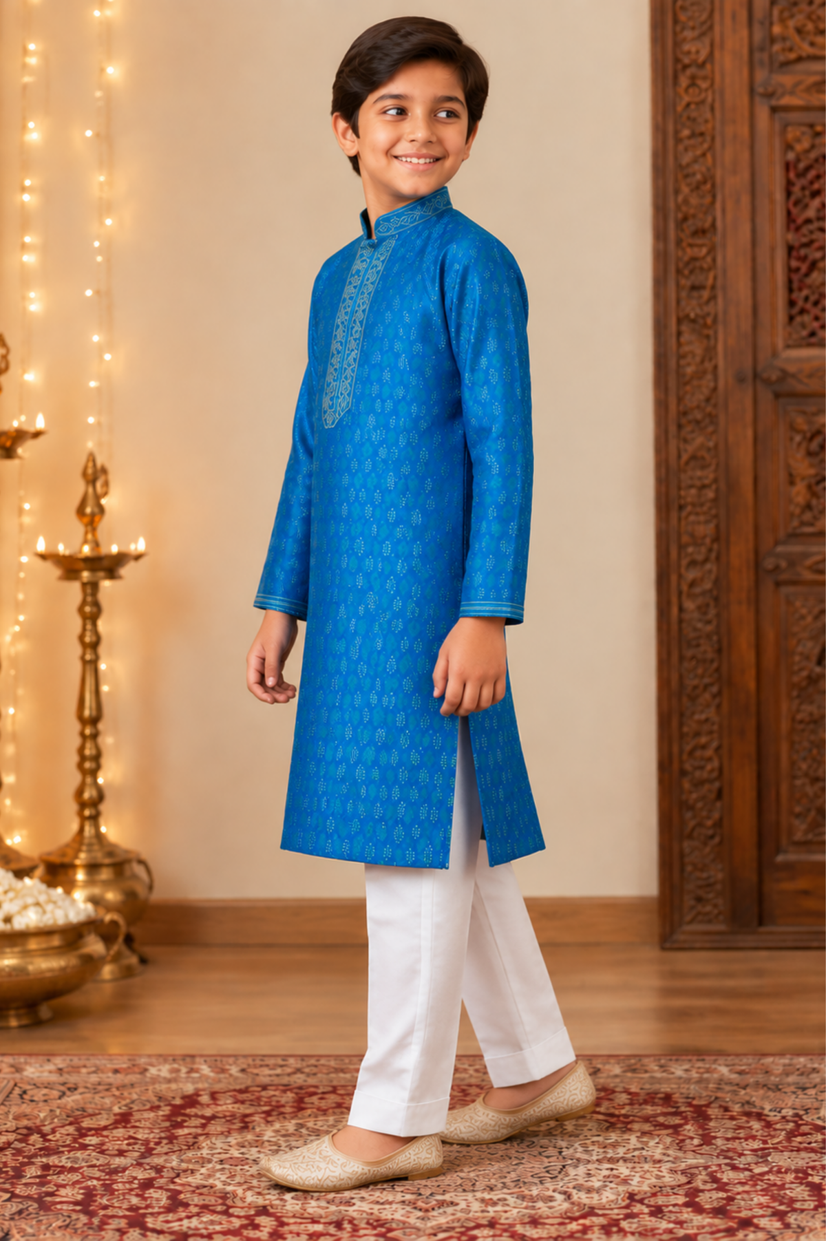 Royal Blue Jacquard Kurta Set With Ivory Trousers