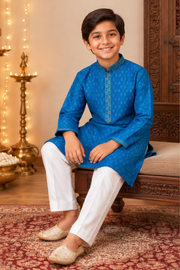 Royal Blue Jacquard Kurta Set With Ivory Trousers