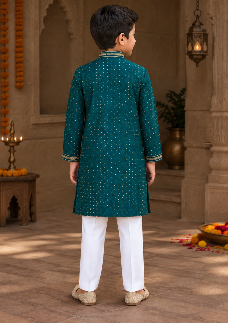 Deep Teal Embellished Kurta Set For Boys