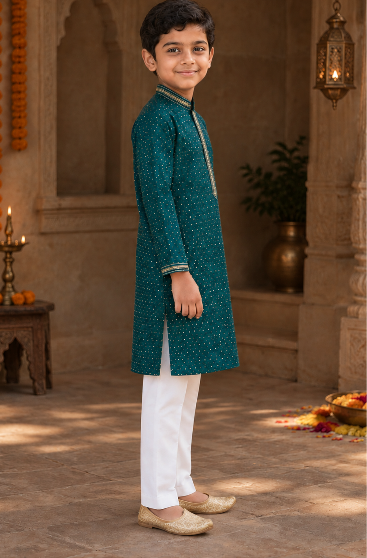 Deep Teal Embellished Kurta Set For Boys