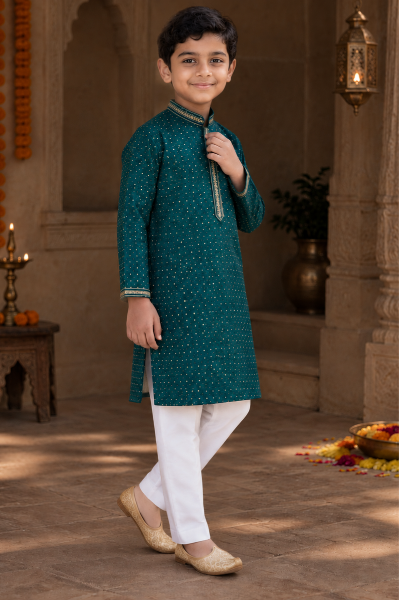 Deep Teal Embellished Kurta Set For Boys