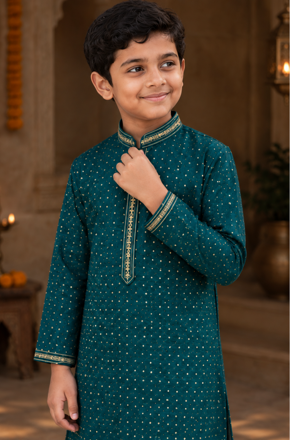 Deep Teal Embellished Kurta Set For Boys