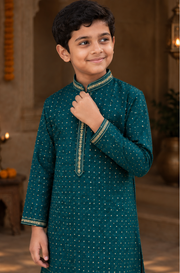 Deep Teal Embellished Kurta Set For Boys