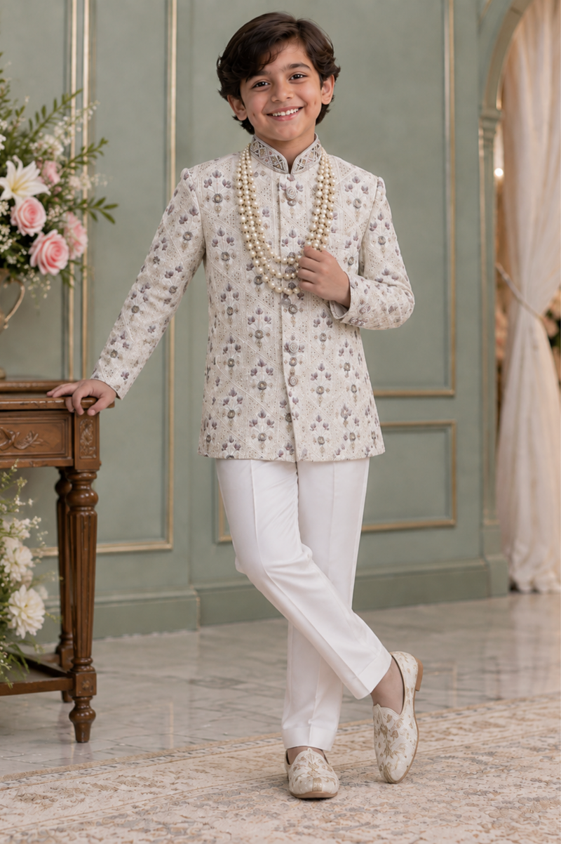 Ivory Floral Embroidered Kurta Set With Pearl Detailing