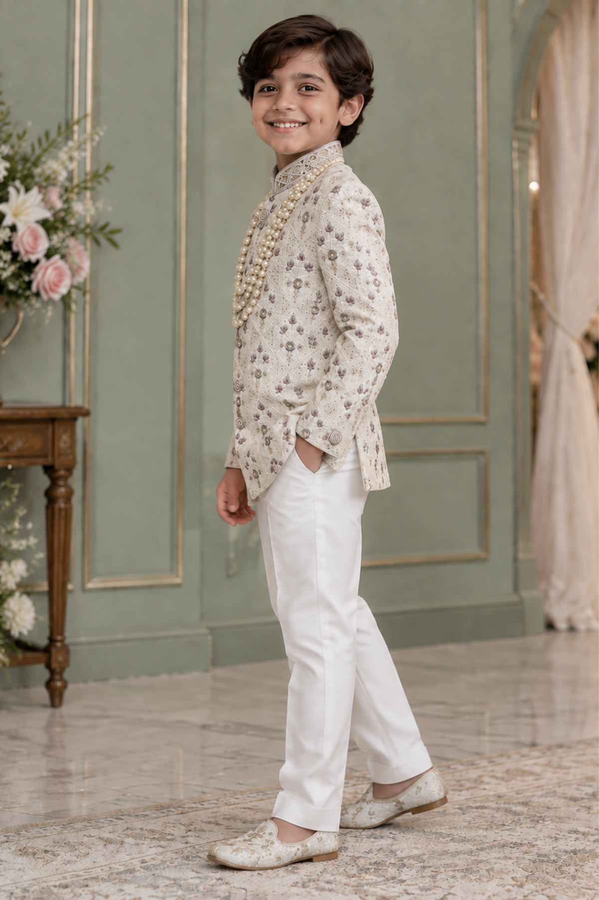 Ivory Floral Embroidered Kurta Set With Pearl Detailing