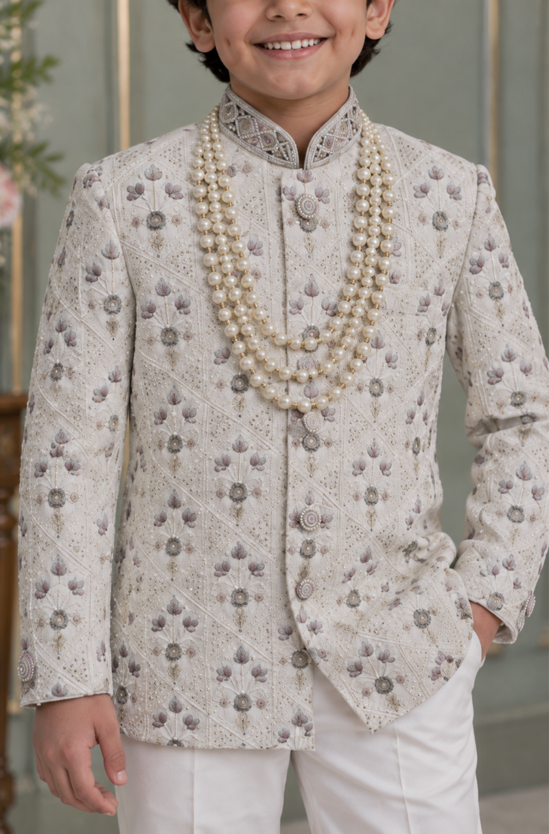 Ivory Floral Embroidered Kurta Set With Pearl Detailing