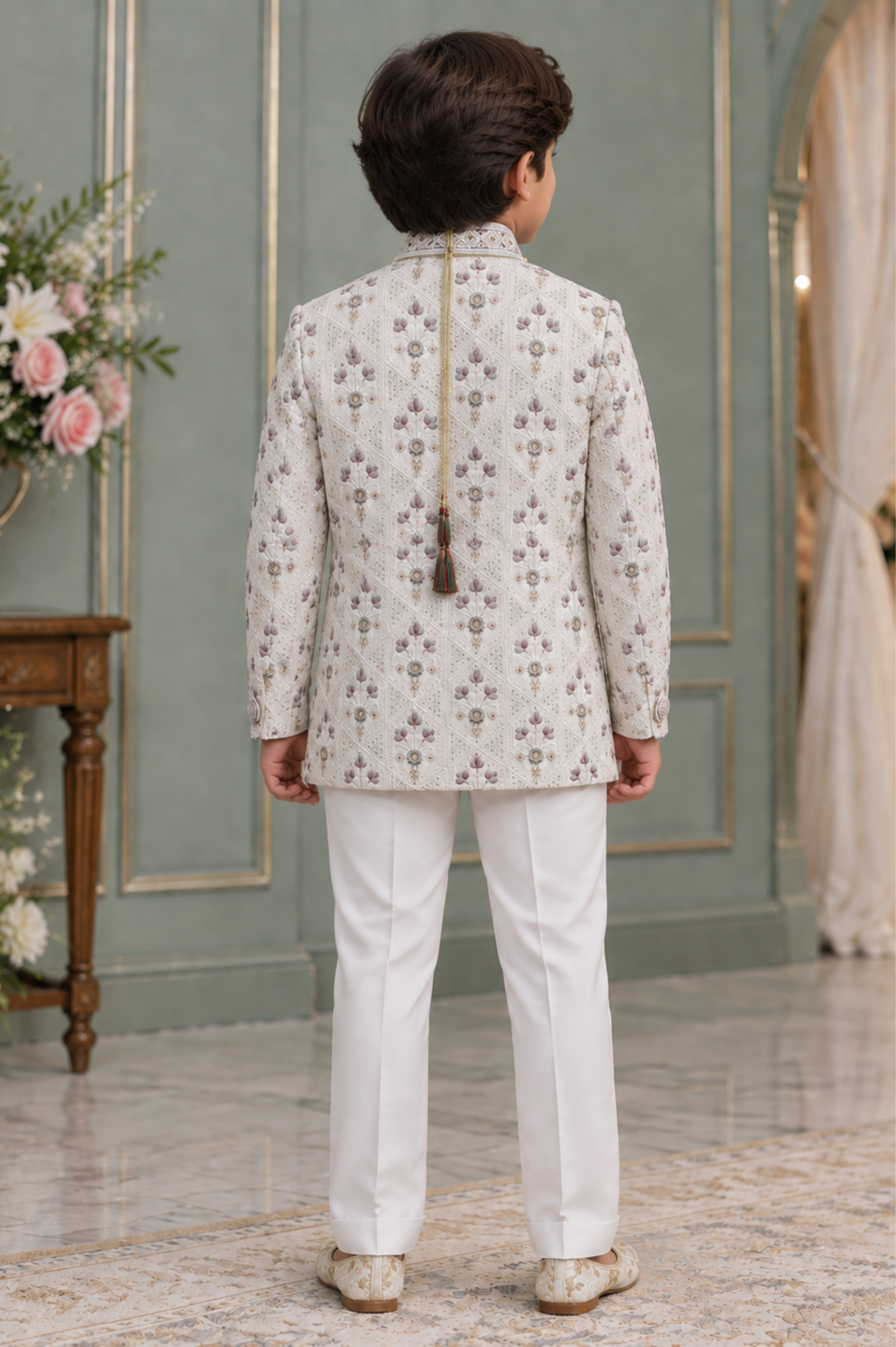 Ivory Floral Embroidered Kurta Set With Pearl Detailing