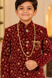 Maroon Floral Embroidered Bandhgala Set With Ivory Trousers