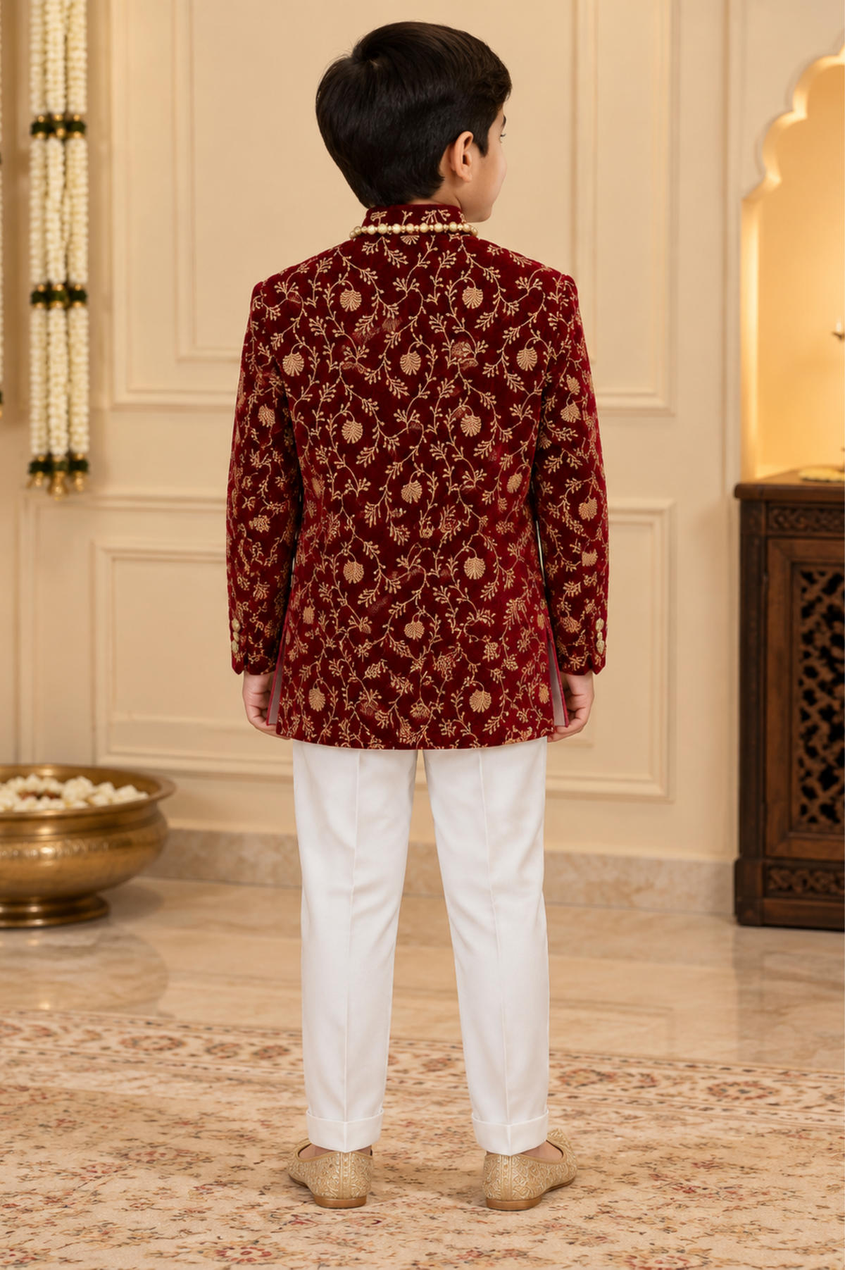 Maroon Floral Embroidered Bandhgala Set With Ivory Trousers