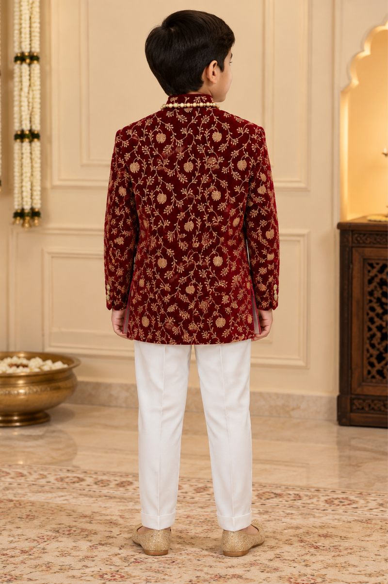 Maroon Floral Embroidered Bandhgala Set With Ivory Trousers