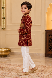 Maroon Floral Embroidered Bandhgala Set With Ivory Trousers