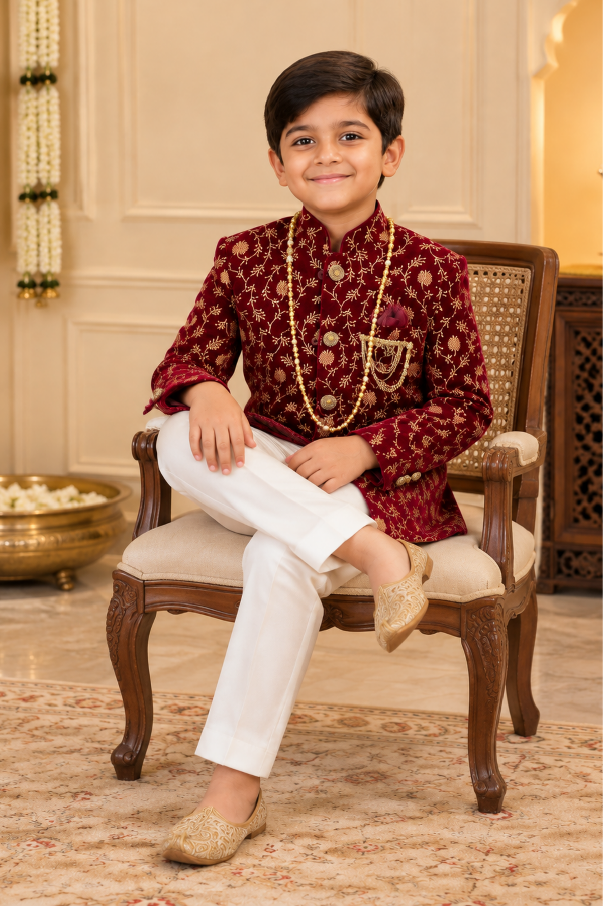 Maroon Floral Embroidered Bandhgala Set With Ivory Trousers