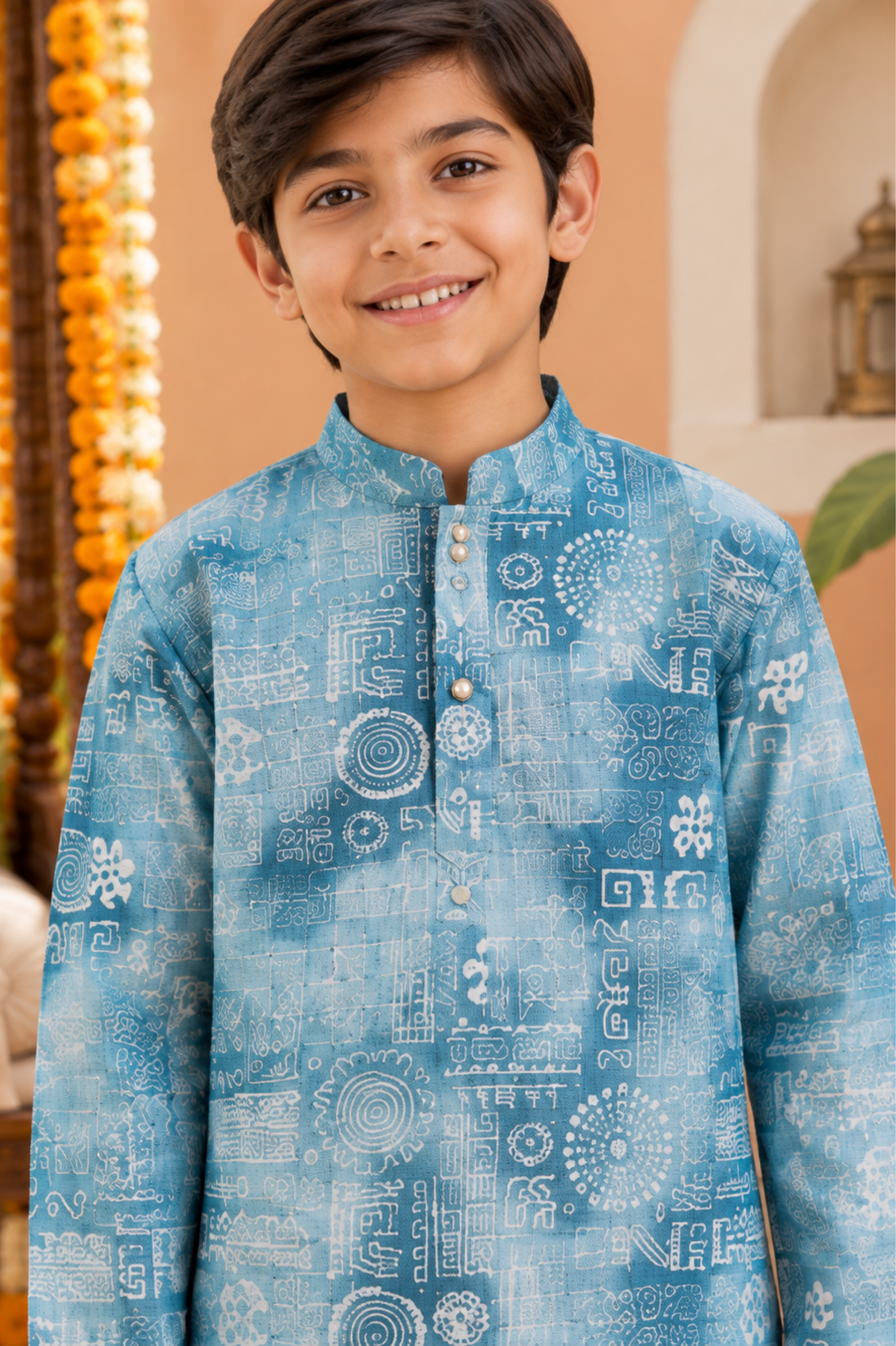 Sky Blue Printed Kurta Set With Ivory Trousers