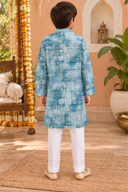 Sky Blue Printed Kurta Set With Ivory Trousers