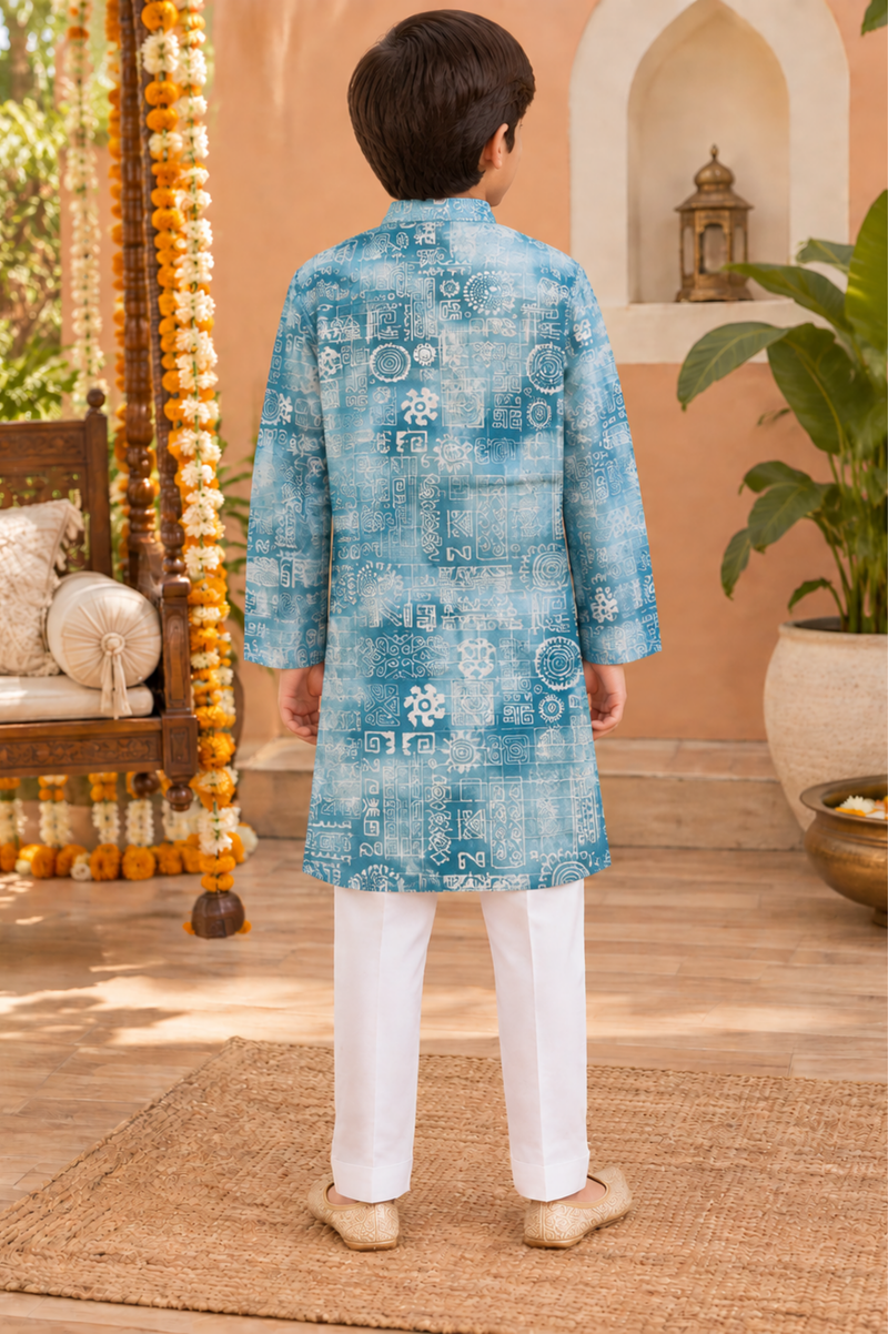 Sky Blue Printed Kurta Set With Ivory Trousers
