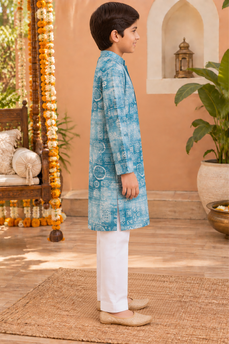 Sky Blue Printed Kurta Set With Ivory Trousers