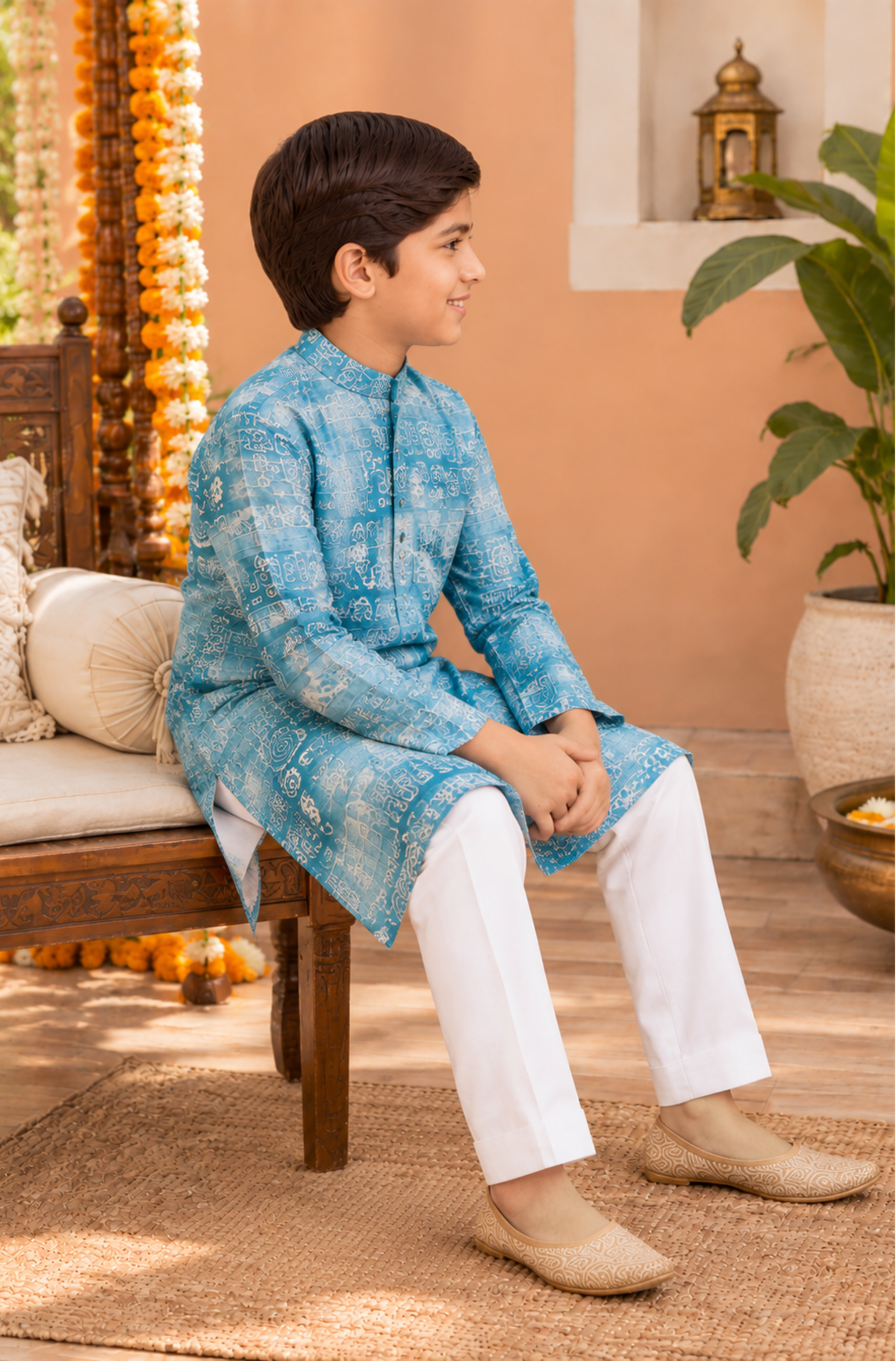 Sky Blue Printed Kurta Set With Ivory Trousers