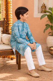 Sky Blue Printed Kurta Set With Ivory Trousers